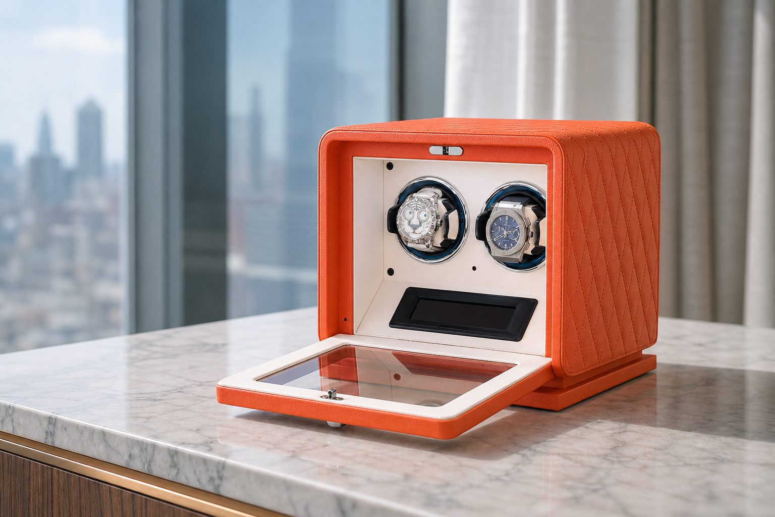 Two watches watch winder, shown in a room setting