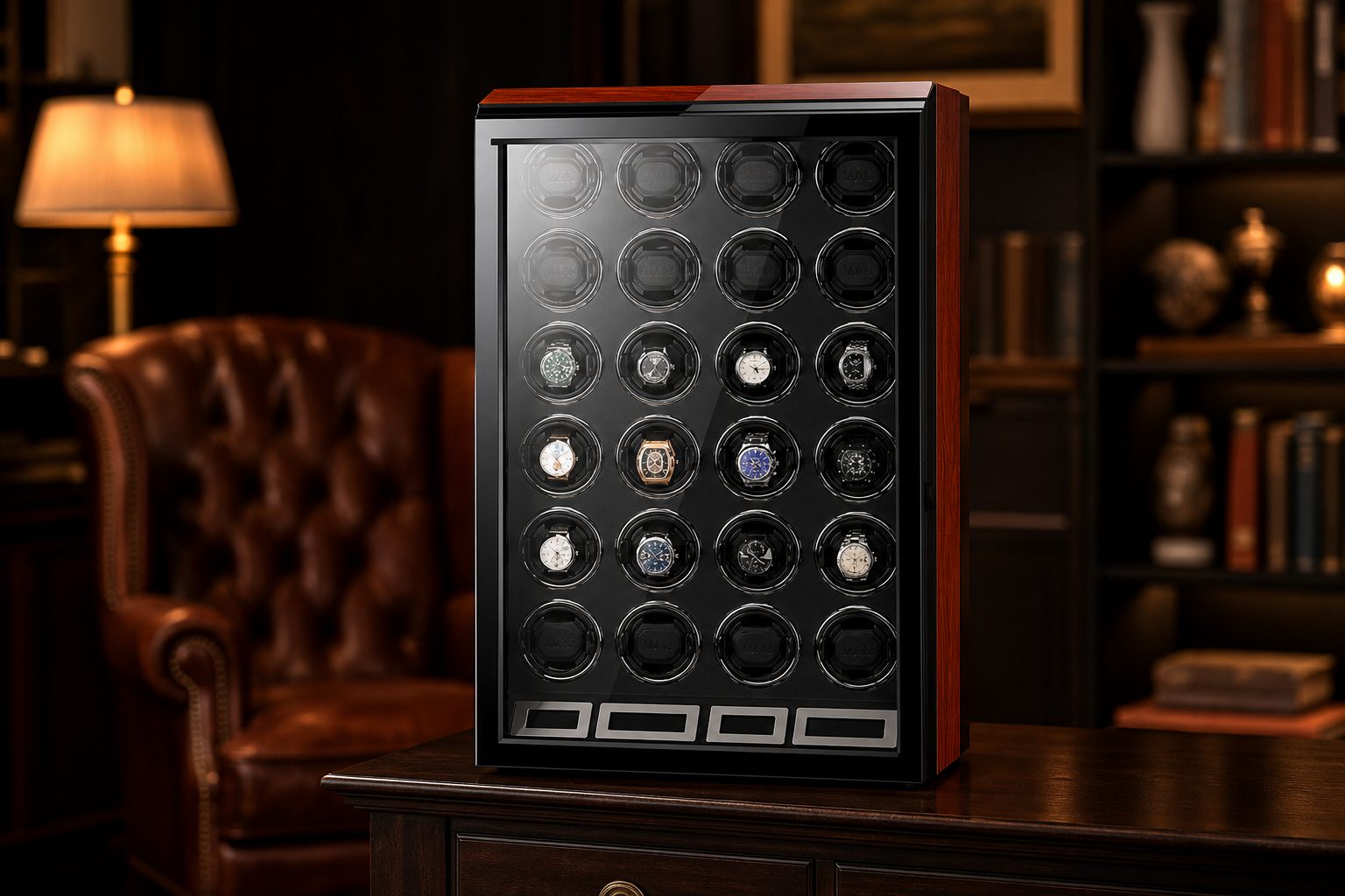 Nine and above watch winder, shown in a room setting