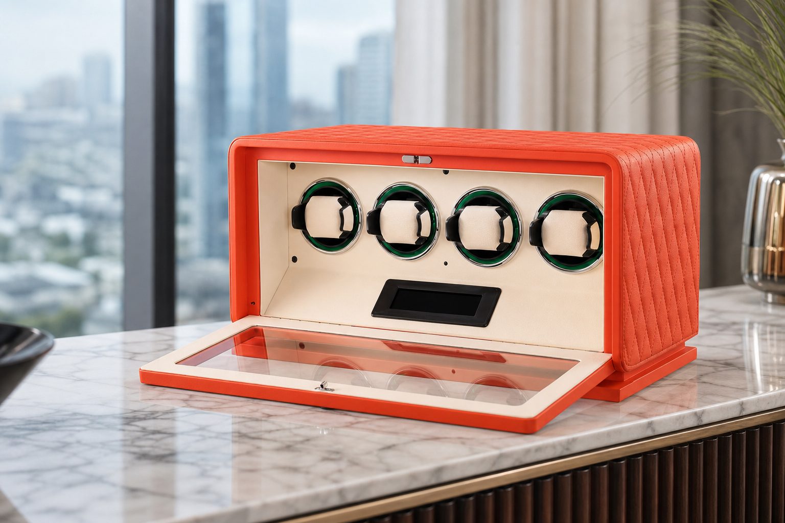 4 Slot CronoGuard Watch Winder - Burnt Orange, shown in a room setting