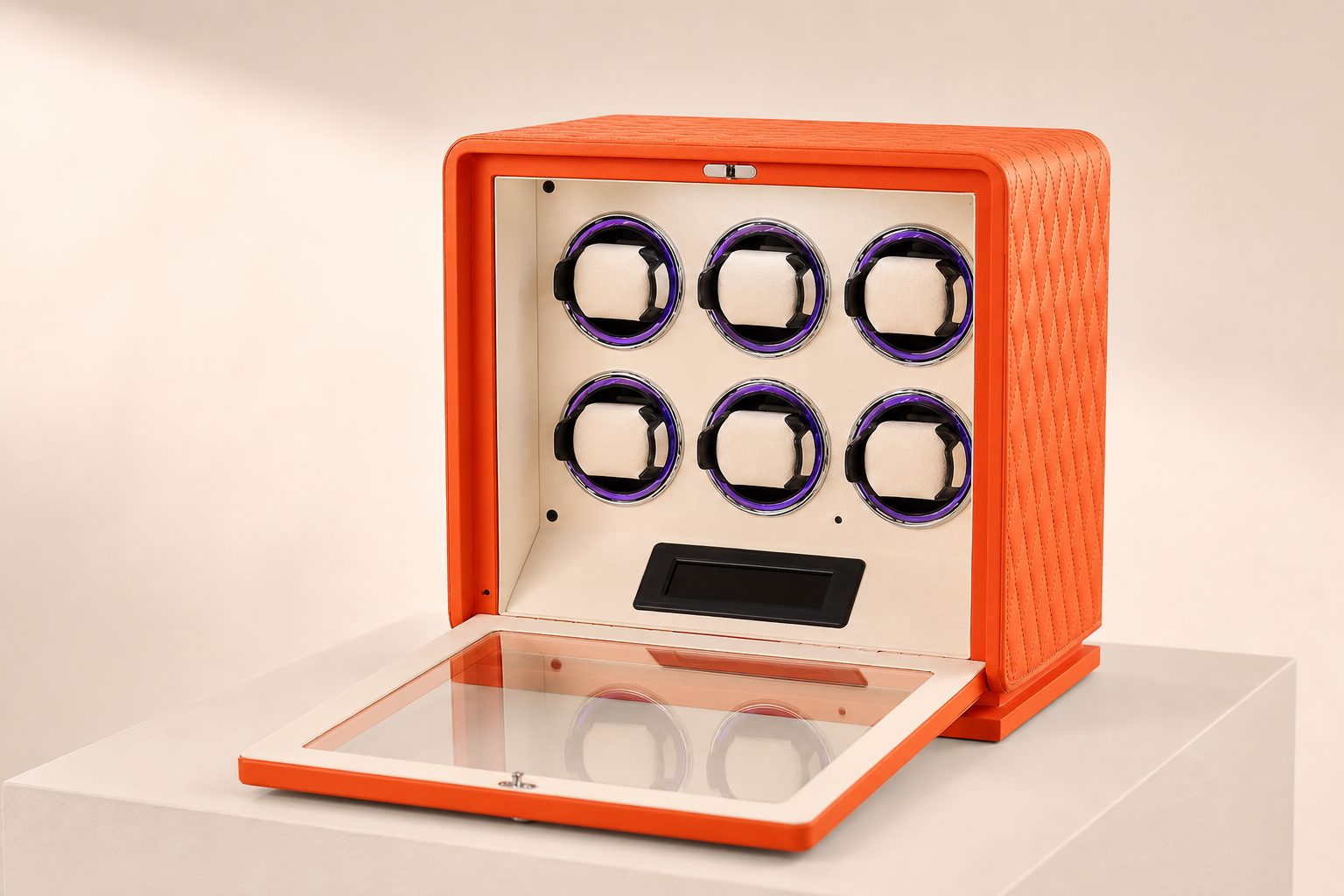 6 Slot CronoGuard Watch Winder - Burnt Orange, shown in a room setting